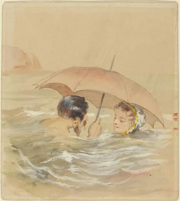 Framed Print : Male and Female Bathers with Umbrella. Creator: Alfred Grevin Framed Print : Male and Female Bathers with Umbrella. Creator: Alfred Grevin