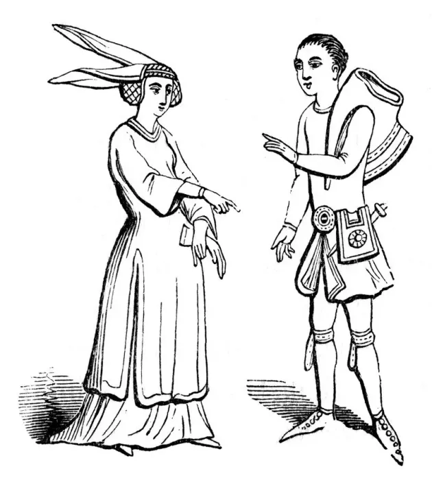 Framed Print : Male and female costume, c1350, (1910) Framed Print : Male and female costume, c1350, (1910)