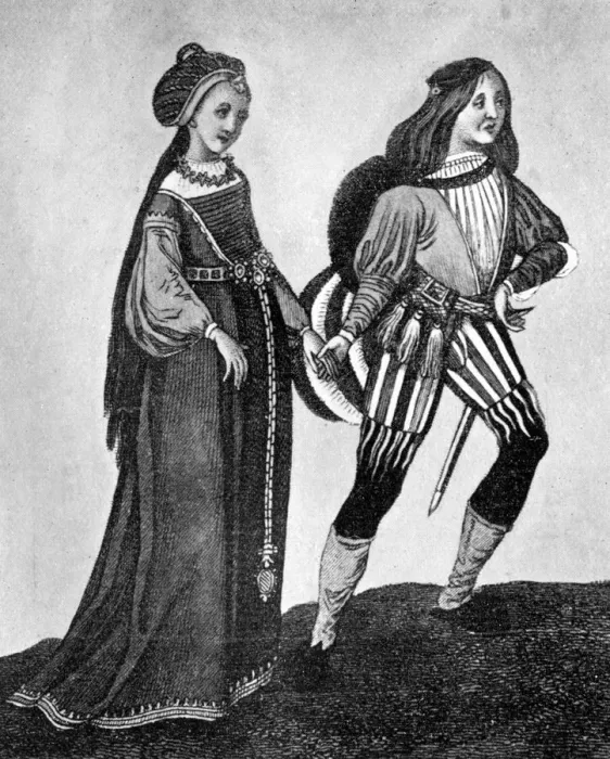 Framed Print : Male and female costume, late 15th-early 16th century, (1910) Framed Print : Male and female costume, late 15th-early 16th century, (1910)