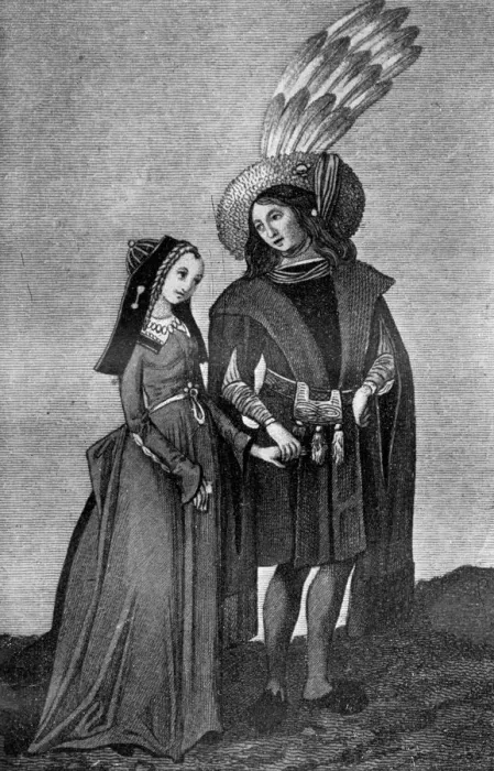 Framed Print : Male and female costume, late 15th-early 16th century, (1910) Framed Print : Male and female costume, late 15th-early 16th century, (1910)