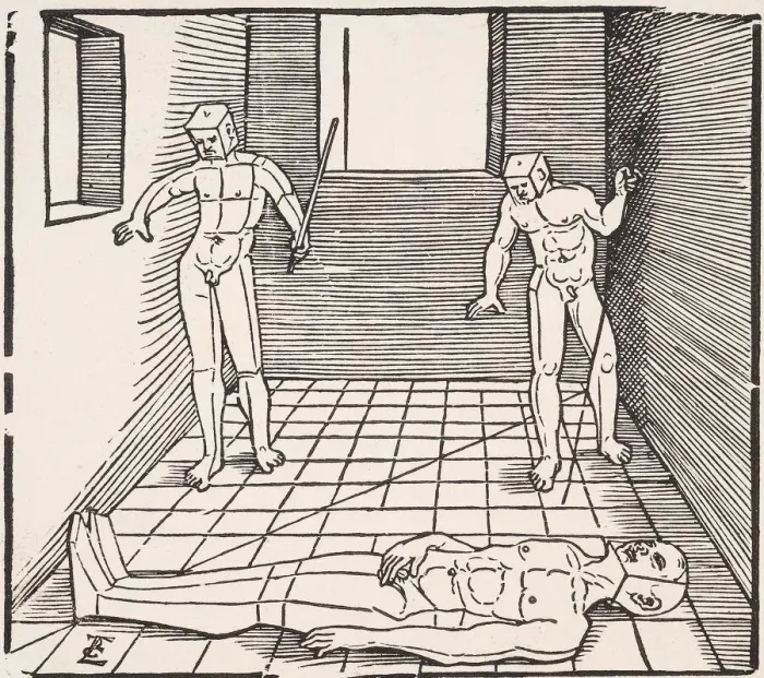 Framed Print : Three male figures in a room (From: Unnderweissung der Proportzion). Artist: Schoen, Erhard (1491-1592) Framed Print : Three male figures in a room (From: Unnderweissung der Proportzion). Artist: Schoen, Erhard (1491-1592)