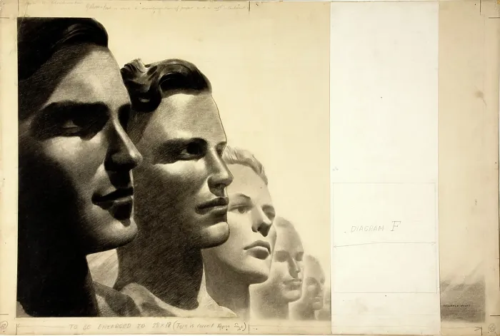 Framed Print : Five male human profiles, between 1939 and 1946. Creators: Central Office of Information, Reginald Mount Framed Print : Five male human profiles, between 1939 and 1946. Creators: Central Office of Information, Reginald Mount