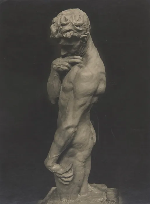 Framed Print : Male nude covering his chin with his right hand, 1920. Creator: Unknown Framed Print : Male nude covering his chin with his right hand, 1920. Creator: Unknown