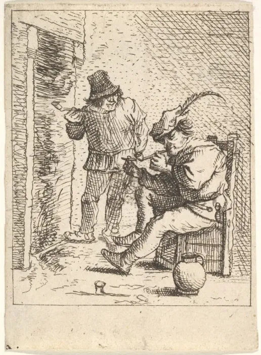 Framed Print : Two male peasants holding pipes before a fireplace, one seated with the pipe held Framed Print : Two male peasants holding pipes before a fireplace, one seated with the pipe held
