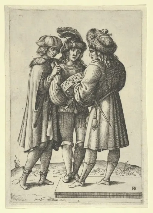 Framed Print : Three male singers standing together holding a sheet of music, ca. 1599-1641. Creator: Luca Ciamberlano Framed Print : Three male singers standing together holding a sheet of music, ca. 1599-1641. Creator: Luca Ciamberlano