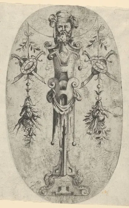 Framed Print : Male Terminal Figure; Head with Beard and Turban on a Three- Quarter Strapwork Pede