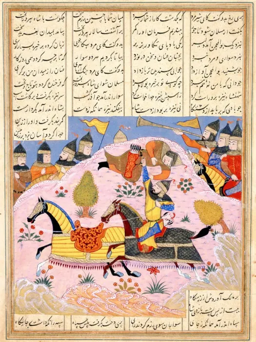 Framed Print : Malik Lifts Abu l Mihjan from the Saddle. From Khavarannama (The Book of the East) of ibn Husam al-D Artist: Iranian master Framed Print : Malik Lifts Abu l Mihjan from the Saddle. From Khavarannama (The Book of the East) of ibn Husam al-D Artist: Iranian master