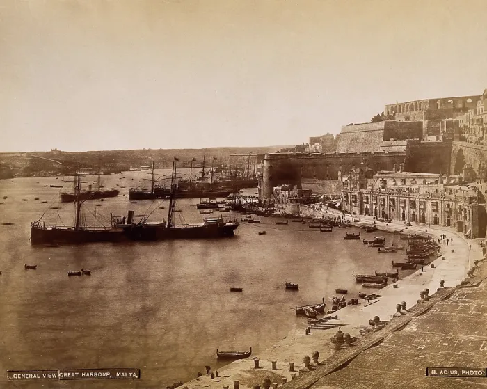 Framed Print : Malta: view of Grand Harbour and buildings along Barriera wharf towards Fort Lascaris and... c1881. Creator: Horatio Agius Framed Print : Malta: view of Grand Harbour and buildings along Barriera wharf towards Fort Lascaris and... c1881. Creator: Horatio Agius