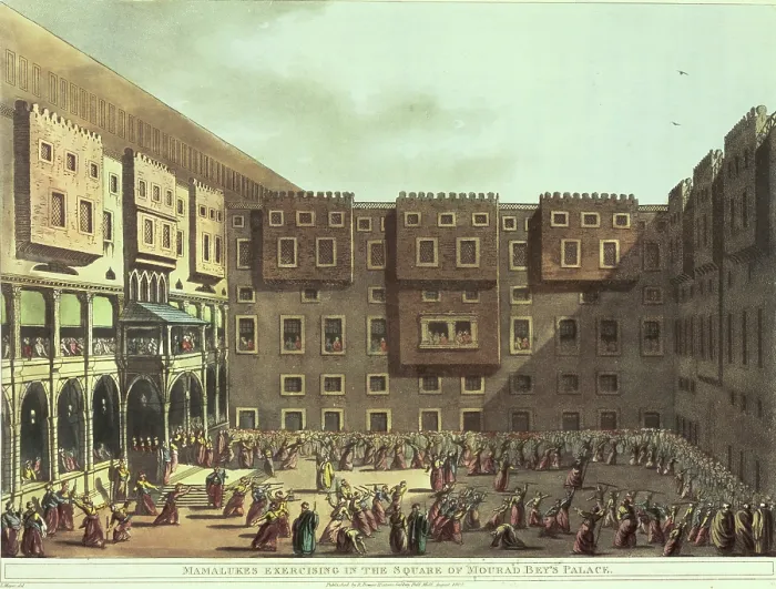 Framed Print : Mamalukes exercising in the Square of Mourad Bey's Palace, Egypt, 1801. Creator: Thomas Milton. Mamalukes exercising in the Square of Mourad Bey's Palace, Egypt, 1801 Framed Print : Mamalukes exercising in the Square of Mourad Bey's Palace, Egypt, 1801. Creator: Thomas Milton. Mamalukes exercising in the Square of Mourad Bey's Palace, Egypt, 1801