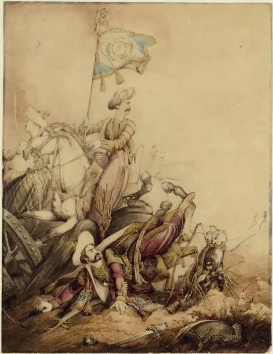 Framed Print : Mamluk standard-bearer in combat, 1818. Artist: Heath, William (1795-1840) Framed Print : Mamluk standard-bearer in combat, 1818. Artist: Heath, William (1795-1840)