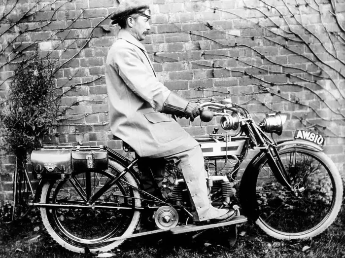 Framed Print : Man on a 1913 Douglas 350cc motorcycle, (c1913?) Framed Print : Man on a 1913 Douglas 350cc motorcycle, (c1913?)