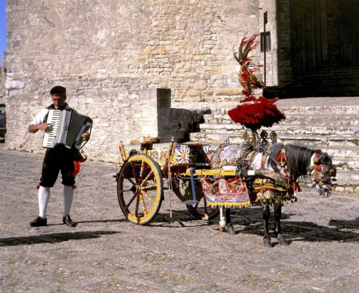 Framed Print : Man with accordion and decorated pony and cart, Erice, Sicily Framed Print : Man with accordion and decorated pony and cart, Erice, Sicily