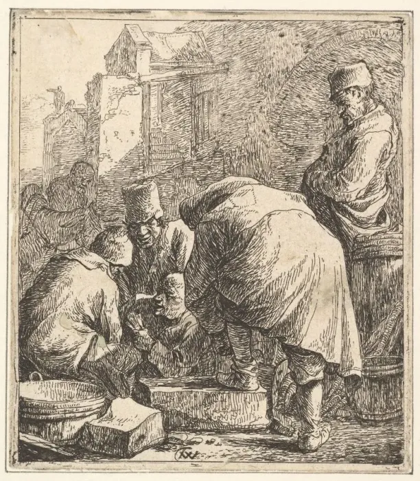 Framed Print : Man Adjusting His Footwear, at Left Three Men Playing Cards, 1630-77