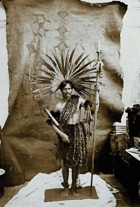 Framed Print : A man of an Amazonian tribe, holding a spear and wearing a feathered head-dress, in a... 1900. Creator: Marc Ferrez Framed Print : A man of an Amazonian tribe, holding a spear and wearing a feathered head-dress, in a... 1900. Creator: Marc Ferrez