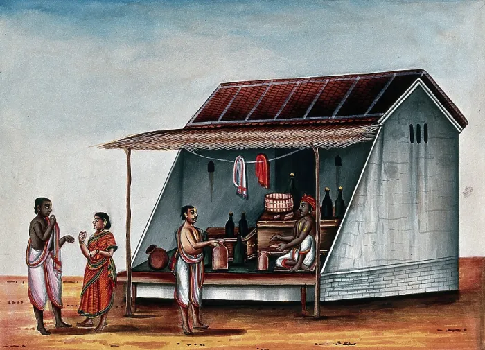 Framed Print : A man at a arrack (a strong alcoholic drink) shop, whilst a couple... (between 1800 and 1899?). Creator: Unknown Framed Print : A man at a arrack (a strong alcoholic drink) shop, whilst a couple... (between 1800 and 1899?). Creator: Unknown