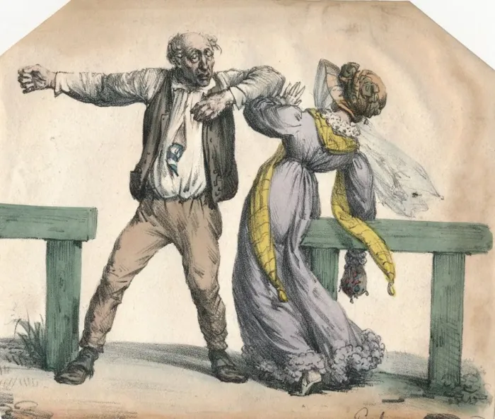 Framed Print : Man attacking a woman, 1855. Creator: Unknown Framed Print : Man attacking a woman, 1855. Creator: Unknown