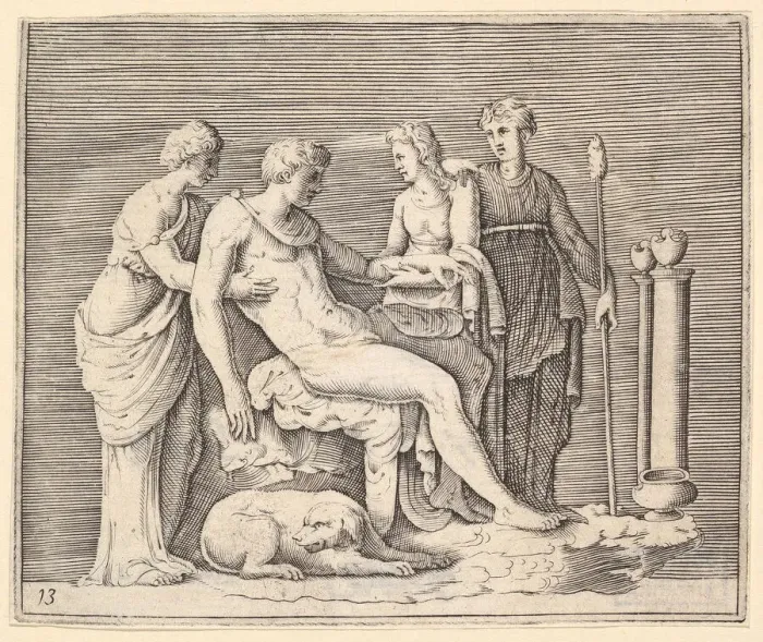 Framed Print : Man Attended by Three Women, published ca. 1599-1622. Creator: Unknown Framed Print : Man Attended by Three Women, published ca. 1599-1622. Creator: Unknown