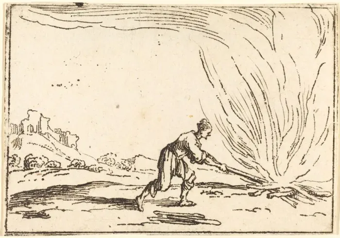 Framed Print : Man Attending a Fire. Creator: Jacques Callot Framed Print : Man Attending a Fire. Creator: Jacques Callot