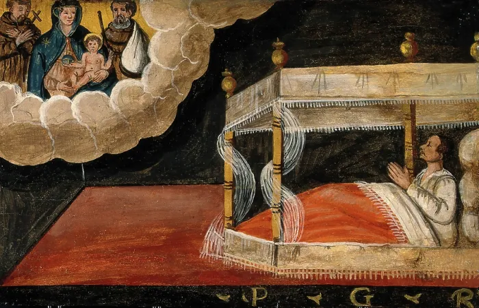 Framed Print : A man in bed praying to the Virgin and Child and two Franciscan saints. Creator: Unknown Framed Print : A man in bed praying to the Virgin and Child and two Franciscan saints. Creator: Unknown
