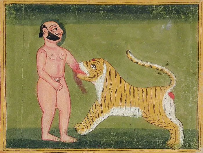 Framed Print : Man Bitten on Arm by Tiger (verso), 19th century. Creator: Unknown Framed Print : Man Bitten on Arm by Tiger (verso), 19th century. Creator: Unknown