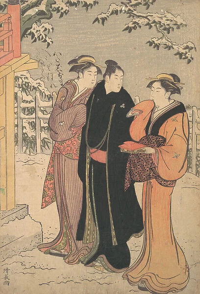 Man in a Black Haori (Coat) and Two Women Approaching a Temple. Creator: Torii Kiyonaga