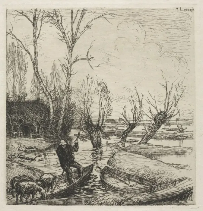 Framed Print : [Man in a Boat with Three Sheep]. Creator: Auguste Louis Lepere (French, 1849-1918)