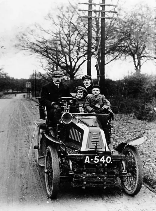 Framed Print : A man and boys in a De Dion car, 1908 Framed Print : A man and boys in a De Dion car, 1908