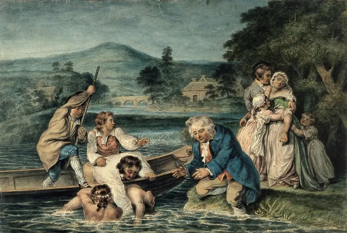 Framed Print : A man being brought in by boat apparently drowned, his wife and family grieve on the shore, c1800s. Creator: Robert Smirke Framed Print : A man being brought in by boat apparently drowned, his wife and family grieve on the shore, c1800s. Creator: Robert Smirke