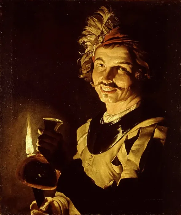 Framed Print : Man with burning candle and carafe of wine, 1640-1650. Creator: Stomer, Matthias (ca.1600-after 1650) Framed Print : Man with burning candle and carafe of wine, 1640-1650. Creator: Stomer, Matthias (ca.1600-after 1650)