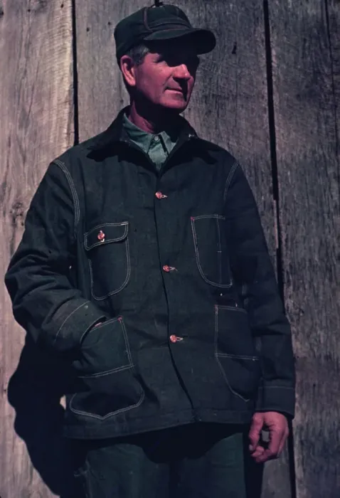 Framed Print : Man in bill cap and dungaree coat, possibly a farmer, between 1941 and 1942. Creator: Unknown Framed Print : Man in bill cap and dungaree coat, possibly a farmer, between 1941 and 1942. Creator: Unknown