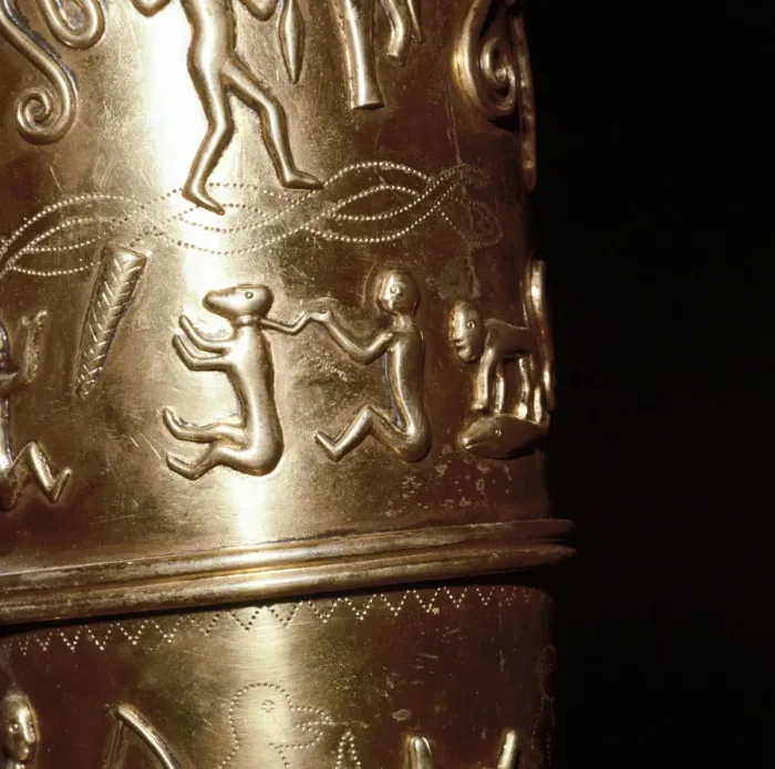 Framed Print : Detail of man with captive on Gallehus Horn, Danish Framed Print : Detail of man with captive on Gallehus Horn, Danish