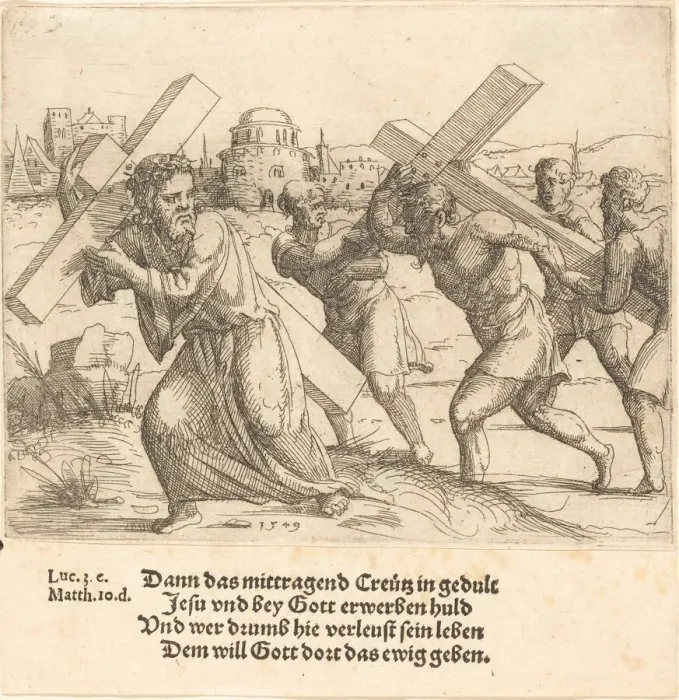 Framed Print : Man Carries the Cross after Christ, 1549. Creator: Augustin Hirschvogel Framed Print : Man Carries the Cross after Christ, 1549. Creator: Augustin Hirschvogel