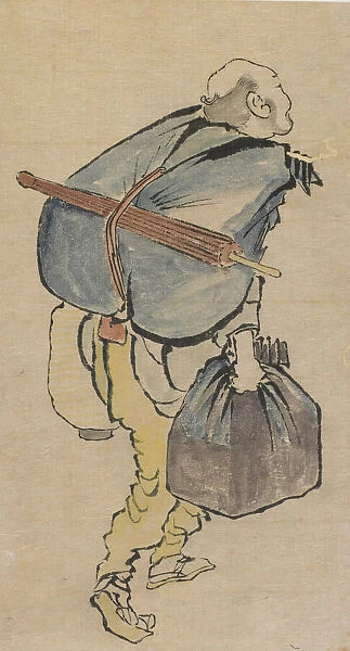 Man carrying back-pack and lantern, late 18th-early 19th century. Creator: Hokusai