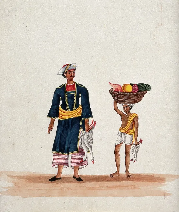 Framed Print : A man carrying two ducks followed by a servant carrying a basket of fruit, (between 1800 and 1899?). Creator: Unknown Framed Print : A man carrying two ducks followed by a servant carrying a basket of fruit, (between 1800 and 1899?). Creator: Unknown