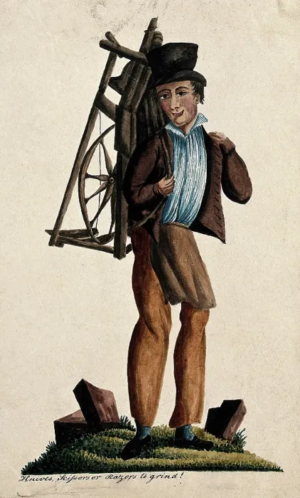 Framed Print : A man is carrying a knife grinder's wheel on his back. Creator: Unknown. A man is carrying a knife grinder's wheel on his back. Creator: Unknown Framed Print : A man is carrying a knife grinder's wheel on his back. Creator: Unknown. A man is carrying a knife grinder's wheel on his back. Creator: Unknown