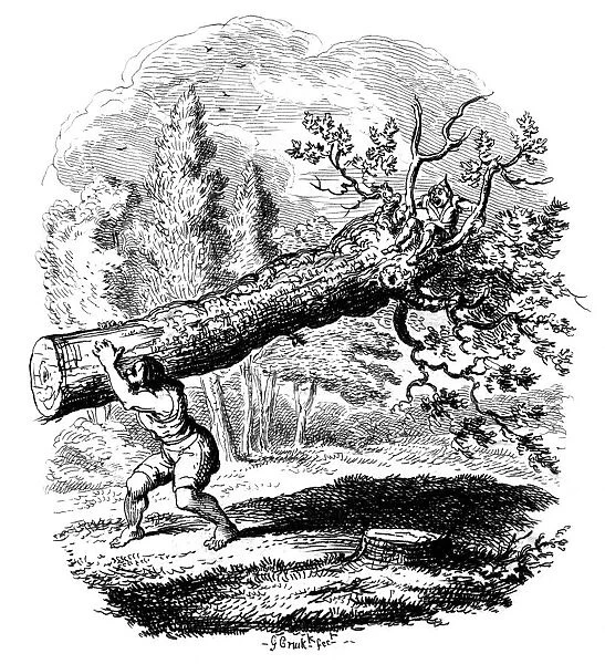 Man carrying a large tree trunk on his shoulder, 19th century. Artist: George Cruikshank