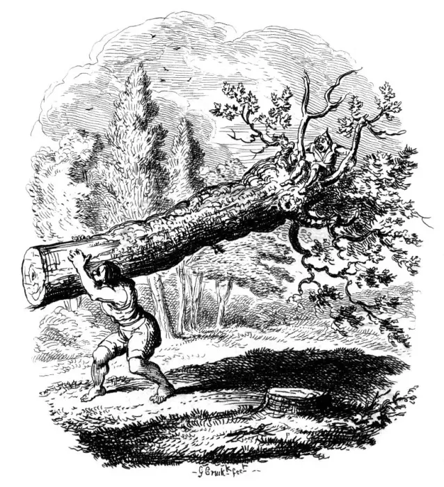 Framed Print : Man carrying a large tree trunk on his shoulder, 19th century. Artist: George Cruikshank Framed Print : Man carrying a large tree trunk on his shoulder, 19th century. Artist: George Cruikshank
