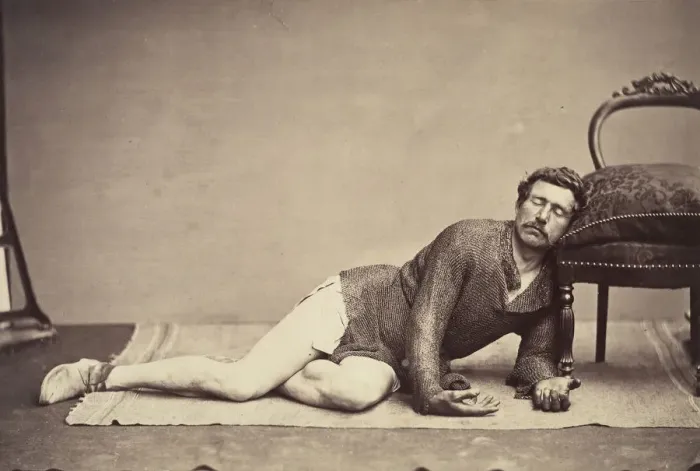 Framed Print : [Man in Chainmail Tunic Posing as a Dying Soldier], ca. 1863. Creator: Constant Delessert
