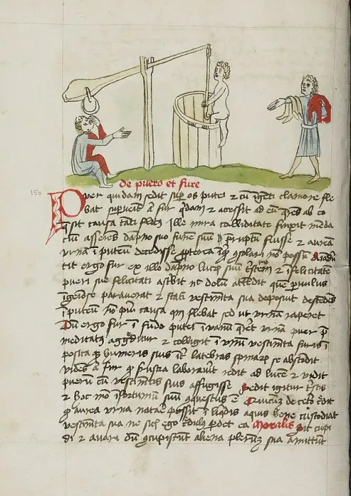 Framed Print : A Man Climbing into a Well; Fables, third quarter of 15th century. Creator: Unknown Framed Print : A Man Climbing into a Well; Fables, third quarter of 15th century. Creator: Unknown