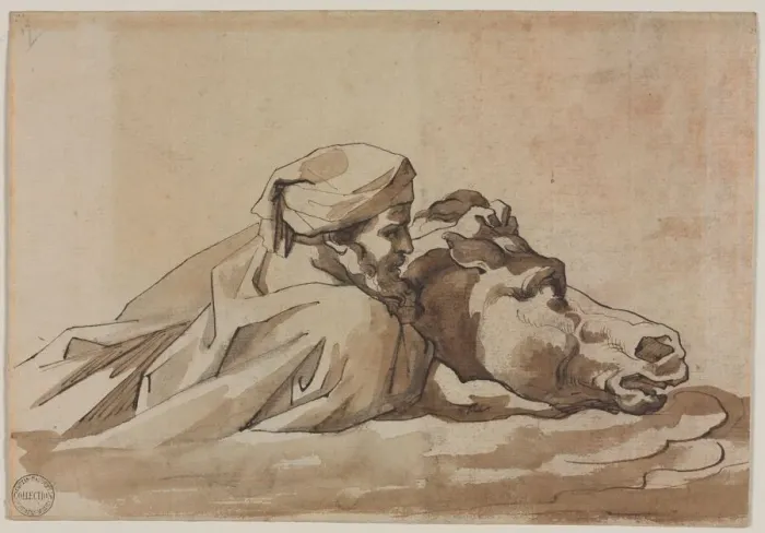 Framed Print : Man Clutching a Horse in Water, after Poussins Deluge (recto); Compositional Study? Framed Print : Man Clutching a Horse in Water, after Poussins Deluge (recto); Compositional Study?