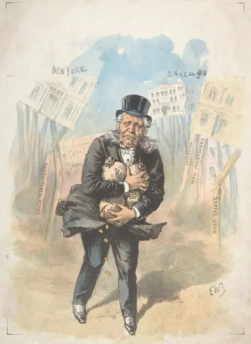 Framed Print : Man Clutching Moneybags While Banks Collapse, late 19th-early 20th century Framed Print : Man Clutching Moneybags While Banks Collapse, late 19th-early 20th century
