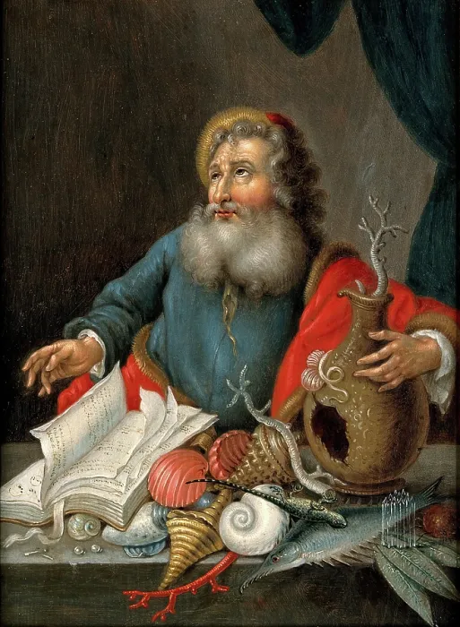 Framed Print : A man with coral, shells, fish, and a book, 17th (?) century. Creator: Unknown Framed Print : A man with coral, shells, fish, and a book, 17th (?) century. Creator: Unknown