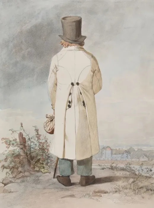 Framed Print : Man in costume with white coat, hat and cane, standing full-length, back view, 1810-1857. Creator: Otto Wallgren Framed Print : Man in costume with white coat, hat and cane, standing full-length, back view, 1810-1857. Creator: Otto Wallgren