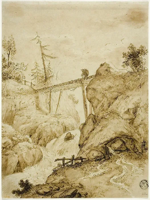 Framed Print : Man Crossing Log Bridge over Torrent, n.d. Creator: Jan van Eyck Framed Print : Man Crossing Log Bridge over Torrent, n.d. Creator: Jan van Eyck