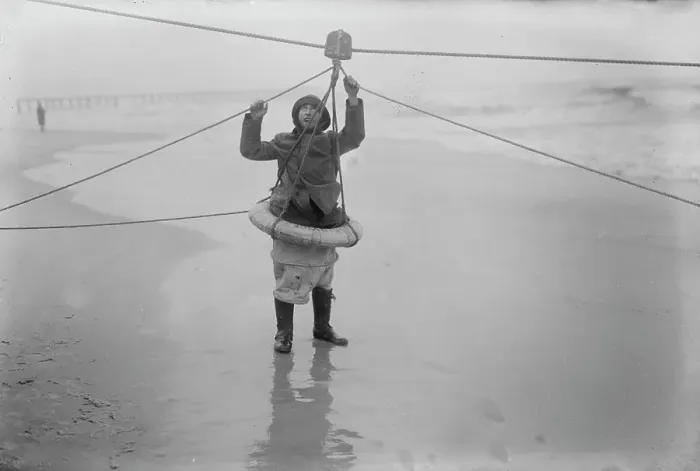 Framed Print : Man demonstrating ship rescue apparatus, 1919. Creator: Bain News Service Framed Print : Man demonstrating ship rescue apparatus, 1919. Creator: Bain News Service