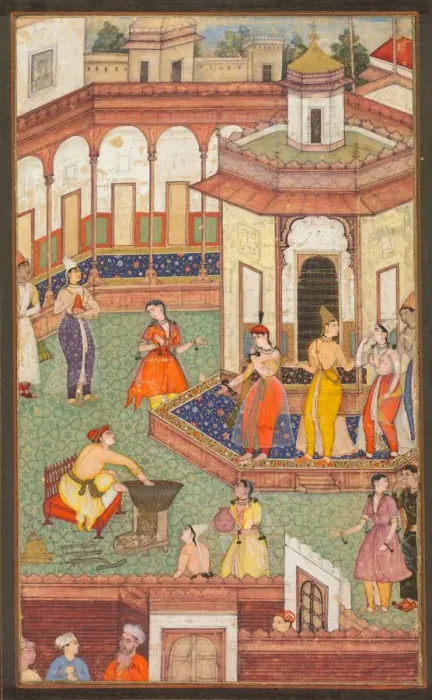 Framed Print : A Man Dips His Hand into a Cauldron as Ladies of the Harem Stand in Amazement... c Framed Print : A Man Dips His Hand into a Cauldron as Ladies of the Harem Stand in Amazement... c