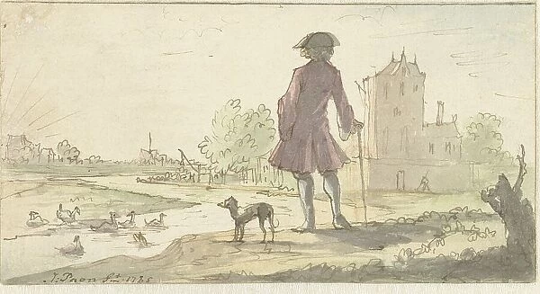 Man with dog near water, 1682-1708. Creator: J. Paon