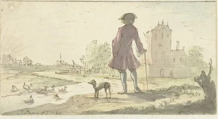Framed Print : Man with dog near water, 1682-1708. Creator: J. Paon Framed Print : Man with dog near water, 1682-1708. Creator: J. Paon