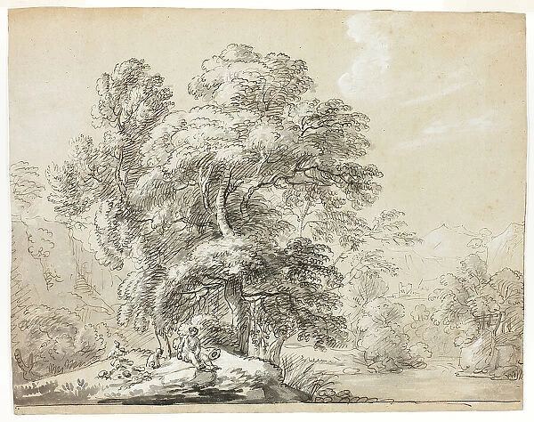 Man and Dog Seated Below Trees by River, n.d. Creator: Paul Sandby