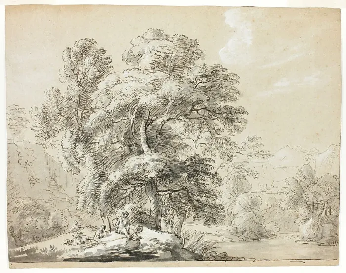 Framed Print : Man and Dog Seated Below Trees by River, n.d. Creator: Paul Sandby Framed Print : Man and Dog Seated Below Trees by River, n.d. Creator: Paul Sandby